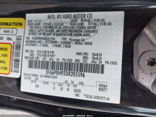 46280964 :رقم المزاد ، 3FA6P0H92DR205596 vin ، 2013 Ford Fusion Se مزاد بيع