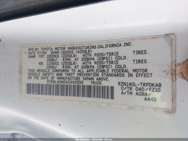 Aukcja sprzedaży 2004 Toyota Tacoma, vin: 5TENL42N54Z443599, numer aukcji: 46280984