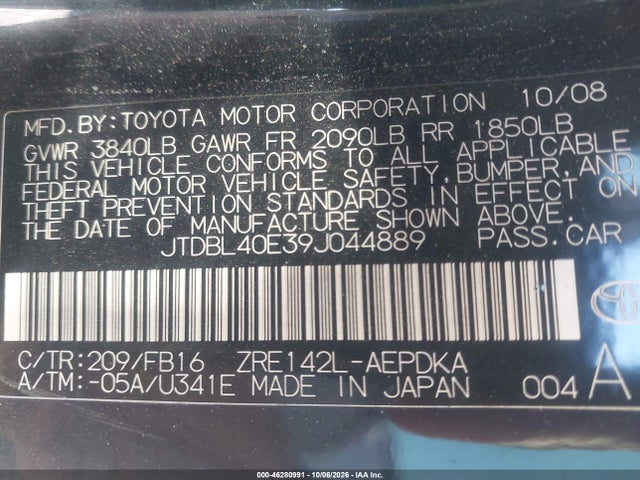 46280991 :رقم المزاد ، JTDBL40E39J044889 vin ، 2009 Toyota Corolla Le مزاد بيع