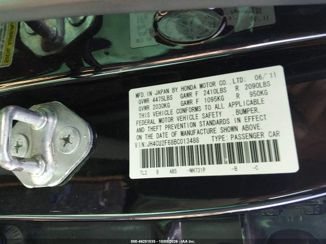Продажа на аукционе авто 2011 Acura Tsx 2.4, vin: JH4CU2F68BC013488, номер лота: 46281035