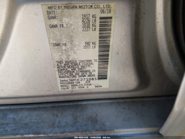 46281036 :رقم المزاد ، 1N4AL3AP7JC271085 vin ، 2018 Nissan Altima 2.5 Sv مزاد بيع