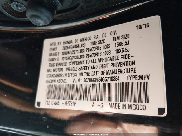 Aukcja sprzedaży 2016 Honda Cr-v Lx, vin: 3CZRM3H34GG710384, numer aukcji: 46281042