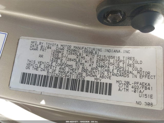 Aukcja sprzedaży 2004 Toyota Sienna Le, vin: 5TDZA23C04S118252, numer aukcji: 46281071