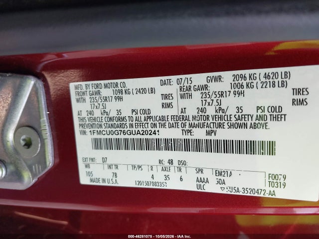46281075 :رقم المزاد ، 1FMCU0G76GUA20241 vin ، 2016 Ford Escape Se مزاد بيع