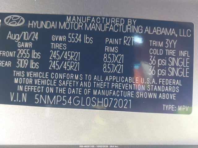 2025 Hyundai Santa Fe Calligraphy მანქანა იყიდება აუქციონზე, vin: 5NMP54GL0SH072021, აუქციონის ნომერი: 46281105