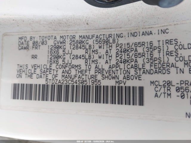 46281108 :رقم المزاد ، 5TDZA23C54S051955 vin ، 2004 Toyota Sienna Le مزاد بيع