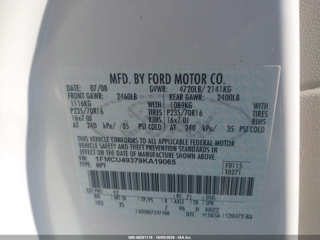 Продаж на аукціоні авто 2009 Ford Escape Hybrid Limited, vin: 1FMCU49379KA19065, номер лоту: 46281118