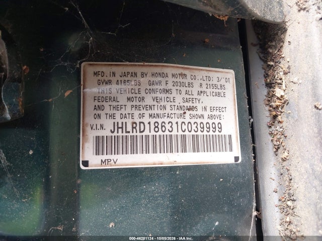 2001 Honda Cr-v Ex მანქანა იყიდება აუქციონზე, vin: JHLRD18631C039999, აუქციონის ნომერი: 46281124