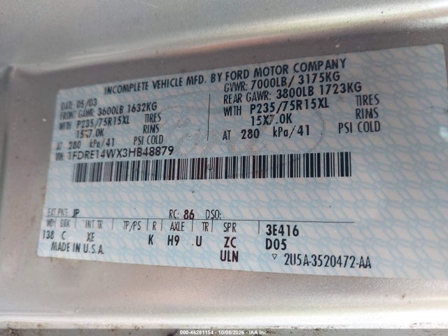 Продаж на аукціоні авто 2003 Ford E-150 Recreational, vin: 1FDRE14WX3HB48879, номер лоту: 46281154