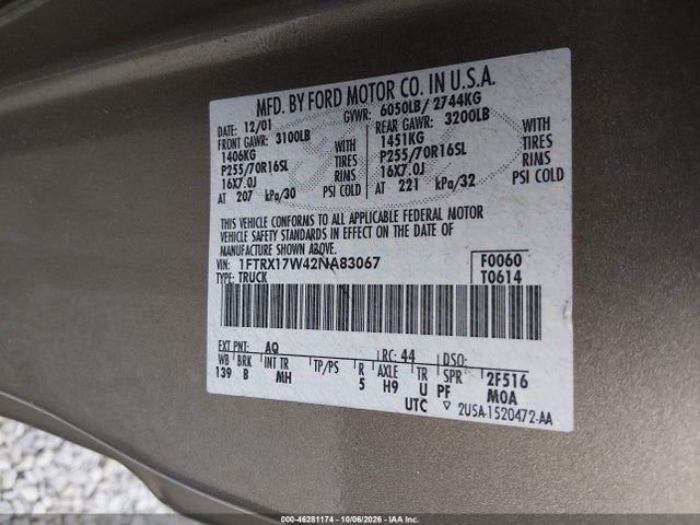 Продаж на аукціоні авто 2002 Ford F-150 Lariat/xl/xlt, vin: 1FTRX17W42NA83067, номер лоту: 46281174