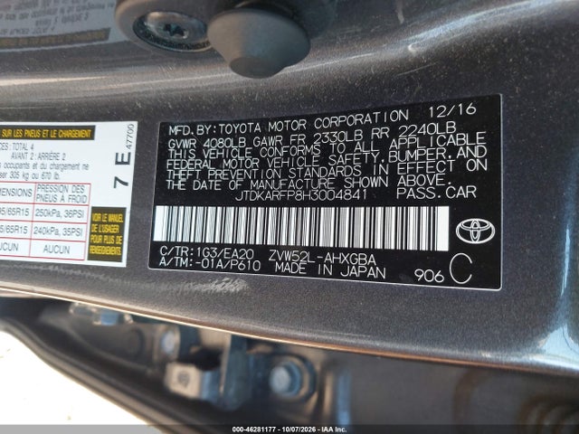 46281177 :رقم المزاد ، JTDKARFP8H3004841 vin ، 2017 Toyota Prius Prime Advanced مزاد بيع