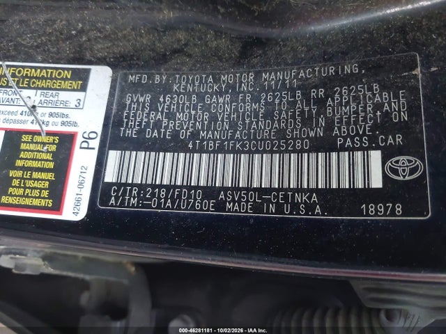 2012 Toyota Camry Le მანქანა იყიდება აუქციონზე, vin: 4T1BF1FK3CU025280, აუქციონის ნომერი: 46281181