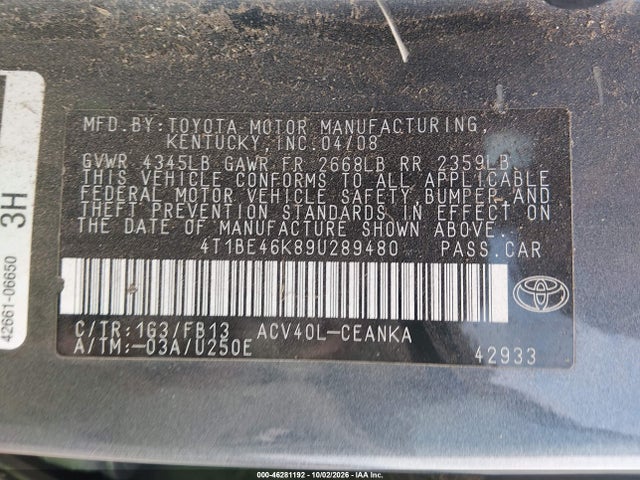 Auction sale of the 2009 Toyota Camry Le, vin: 4T1BE46K89U289480, lot number: 46281192