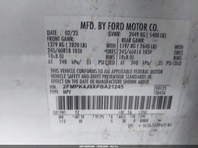 Продажа на аукционе авто 2023 Ford Edge Sel/st-line, vin: 2FMPK4J9XPBA21245, номер лота: 46281195