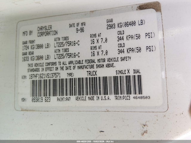 Aukcja sprzedaży 1997 Dodge Ram 1500 Lt, vin: 1B7HF16Z1VS137571, numer aukcji: 46281205
