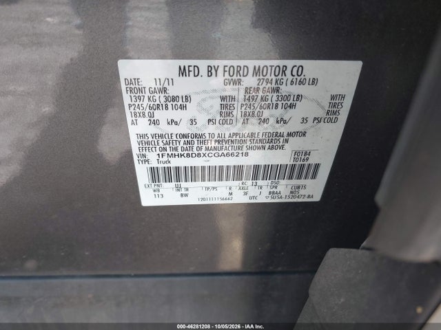 46281208 :رقم المزاد ، 1FMHK8D8XCGA66218 vin ، 2012 Ford Explorer Xlt مزاد بيع