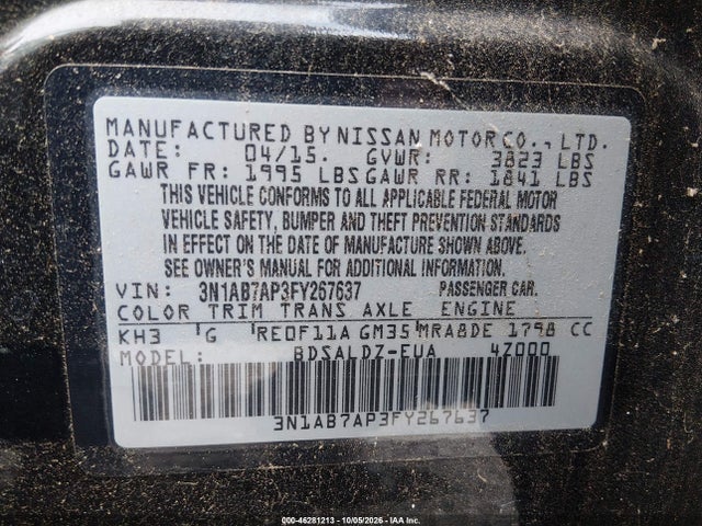 46281213 :رقم المزاد ، 3N1AB7AP3FY267637 vin ، 2015 Nissan Sentra Sv مزاد بيع