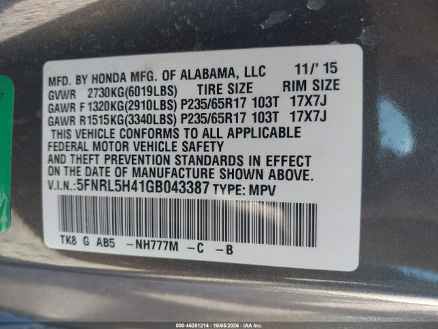 Aukcja sprzedaży 2016 Honda Odyssey Ex, vin: 5FNRL5H41GB043387, numer aukcji: 46281214
