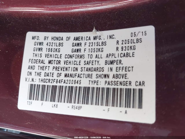 Продаж на аукціоні авто 2015 Honda Accord Ex-l, vin: 1HGCR2F84FA200945, номер лоту: 46281229