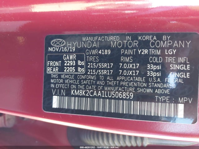 46281252 :رقم المزاد ، KM8K2CAA1LU506859 vin ، 2020 Hyundai Kona Sel مزاد بيع