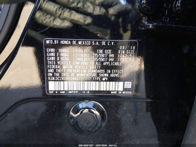 2019 Honda Hr-v Lx მანქანა იყიდება აუქციონზე, vin: 3CZRU6H36KG731117, აუქციონის ნომერი: 46281267