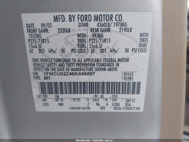 2006 Ford Escape Xls მანქანა იყიდება აუქციონზე, vin: 1FMCU02Z46KA96897, აუქციონის ნომერი: 46281282