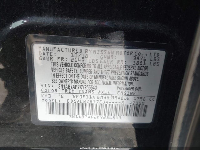Aukcja sprzedaży 2019 Nissan Sentra S, vin: 3N1AB7AP2KY256543, numer aukcji: 46281291