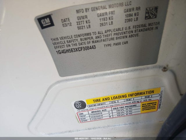 46281301 :رقم المزاد ، 1G4GH5E3XCF308443 vin ، 2012 Buick Lacrosse Premium 3 Group مزاد بيع