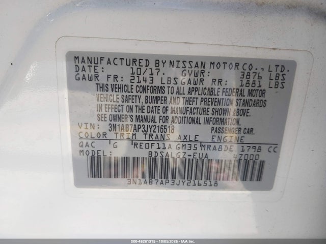 46281315 :رقم المزاد ، 3N1AB7AP3JY216518 vin ، 2018 Nissan Sentra Sl مزاد بيع