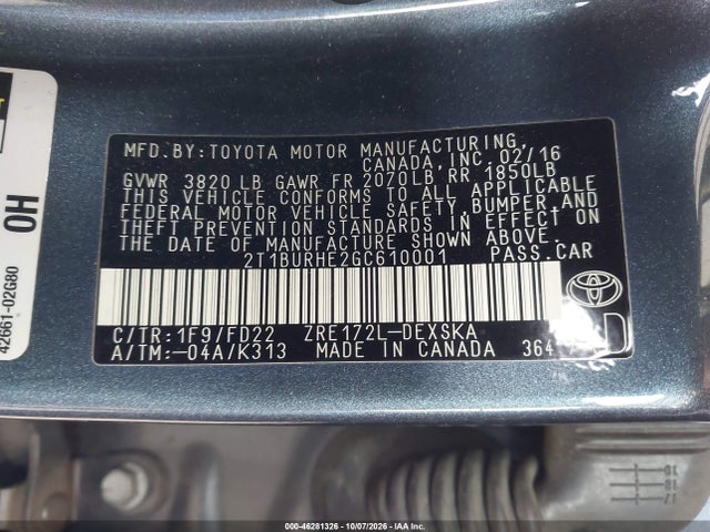 Aukcja sprzedaży 2016 Toyota Corolla S Plus, vin: 2T1BURHE2GC610001, numer aukcji: 46281326