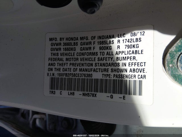 Продажа на аукционе авто 2012 Honda Civic Lx, vin: 19XFB2F58CE376380, номер лота: 46281337
