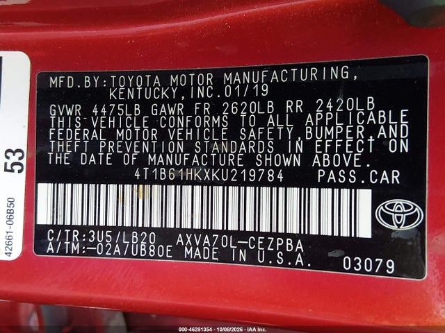 46281354 :رقم المزاد ، 4T1B61HKXKU219784 vin ، 2019 Toyota Camry Xse مزاد بيع