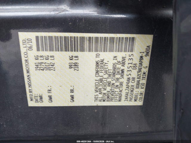 Продаж на аукціоні авто 2010 Nissan Altima 2.5 S, vin: 1N4AL2AP4AN535135, номер лоту: 46281364