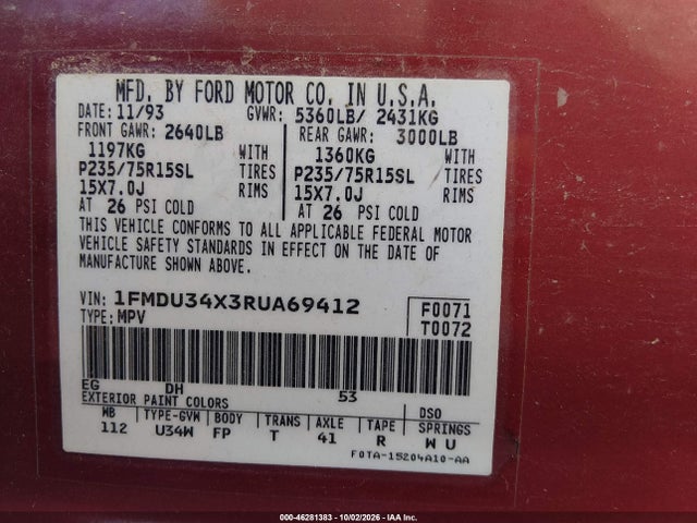Продажа на аукционе авто 1994 Ford Explorer, vin: 1FMDU34X3RUA69412, номер лота: 46281383
