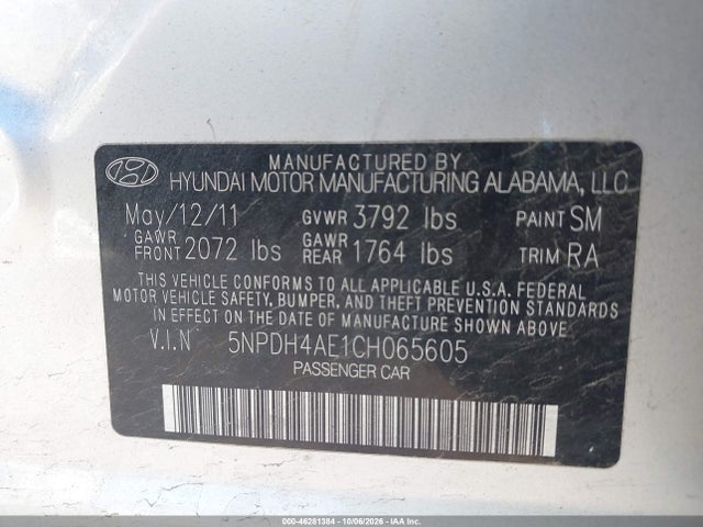 Продаж на аукціоні авто 2012 Hyundai Elantra Gls, vin: 5NPDH4AE1CH065605, номер лоту: 46281384