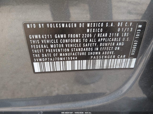 46281387 :رقم المزاد ، 3VWDP7AJ7DM415944 vin ، 2013 Volkswagen Jetta 2.5l Se مزاد بيع