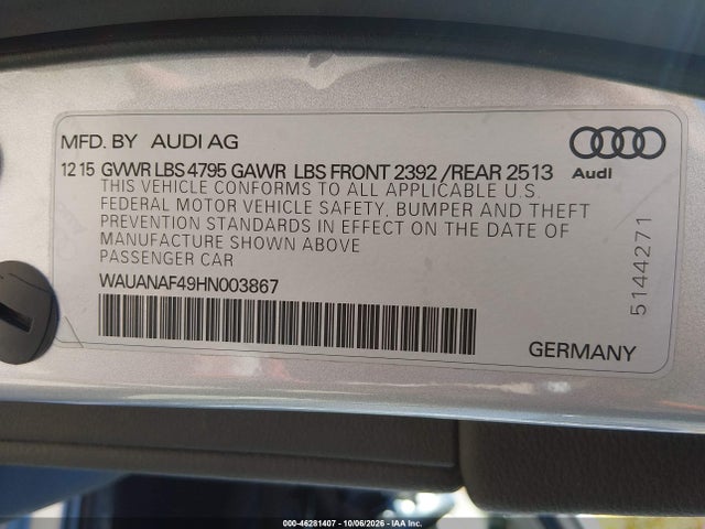 46281407 :رقم المزاد ، WAUANAF49HN003867 vin ، 2017 Audi A4 2.0t Premium مزاد بيع