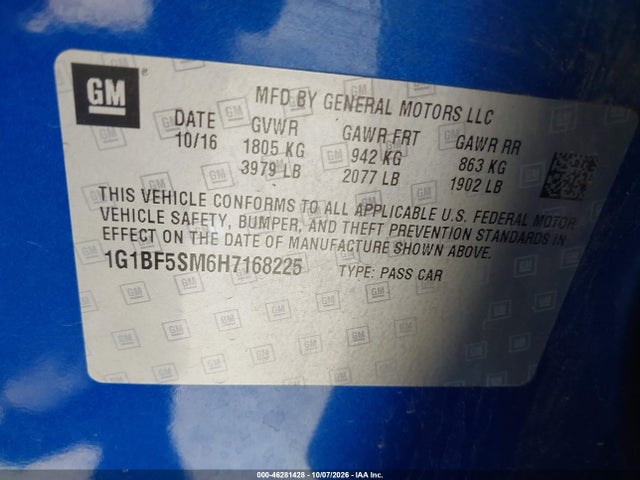 46281428 :رقم المزاد ، 1G1BF5SM6H7168225 vin ، 2017 Chevrolet Cruze Premier Auto مزاد بيع