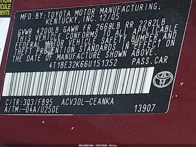Продажа на аукционе авто 2006 Toyota Camry Le, vin: 4T1BE32K66U151352, номер лота: 46281448
