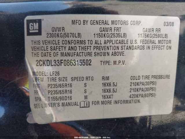 2008 Pontiac Torrent მანქანა იყიდება აუქციონზე, vin: 2CKDL33F086315502, აუქციონის ნომერი: 46281449