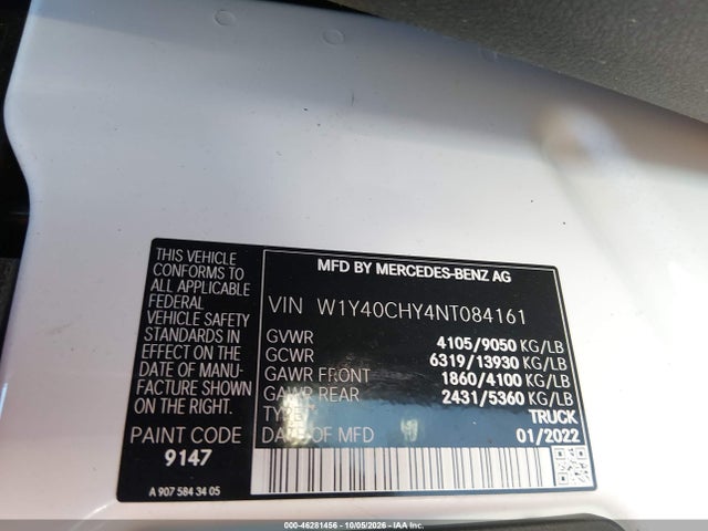 2022 Mercedes-benz Sprinter 2500 High Roof I4 მანქანა იყიდება აუქციონზე, vin: W1Y40CHY4NT084161, აუქციონის ნომერი: 46281456