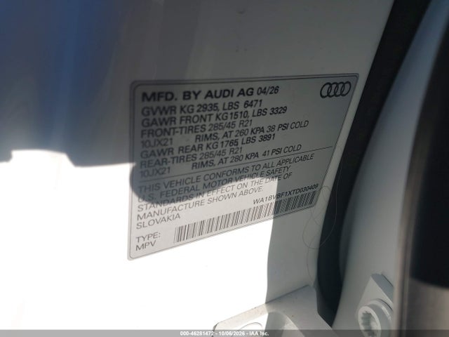 Продаж на аукціоні авто 2026 Audi Q8 Premium Plus 55 Tfsi Quattro Tiptronic, vin: WA1BVBF1XTD030409, номер лоту: 46281472