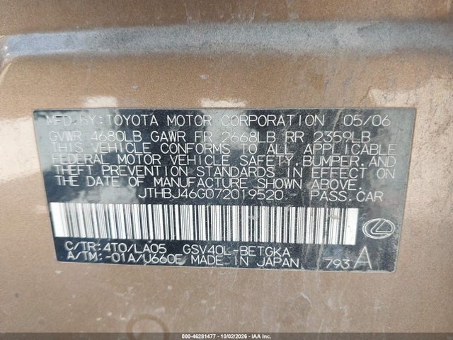 Продажа на аукционе авто 2007 Lexus Es 350, vin: JTHBJ46G072019520, номер лота: 46281477