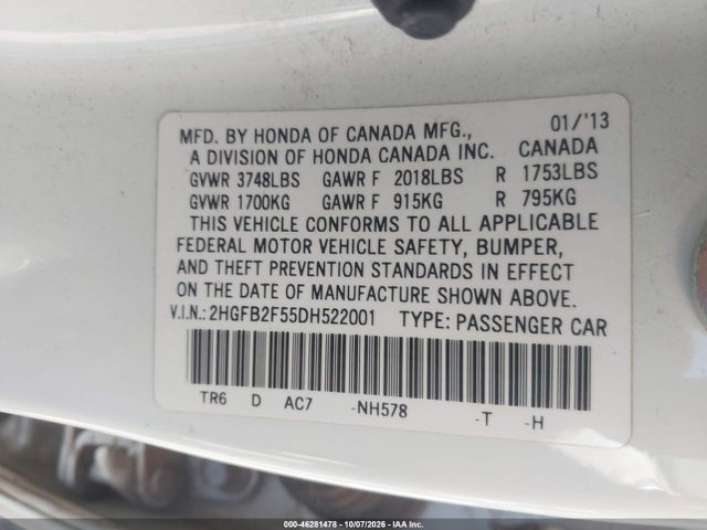Продажа на аукционе авто 2013 Honda Civic Lx, vin: 2HGFB2F55DH522001, номер лота: 46281478