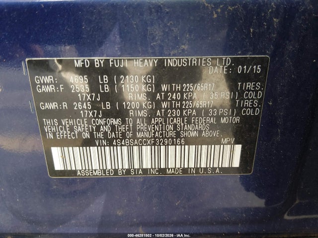 Продаж на аукціоні авто 2015 Subaru Outback 2.5i Premium, vin: 4S4BSACCXF3290166, номер лоту: 46281502