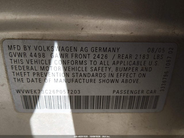 Aukcja sprzedaży 2006 Volkswagen Passat 2.0t, vin: WVWEK73C26P057203, numer aukcji: 46281520