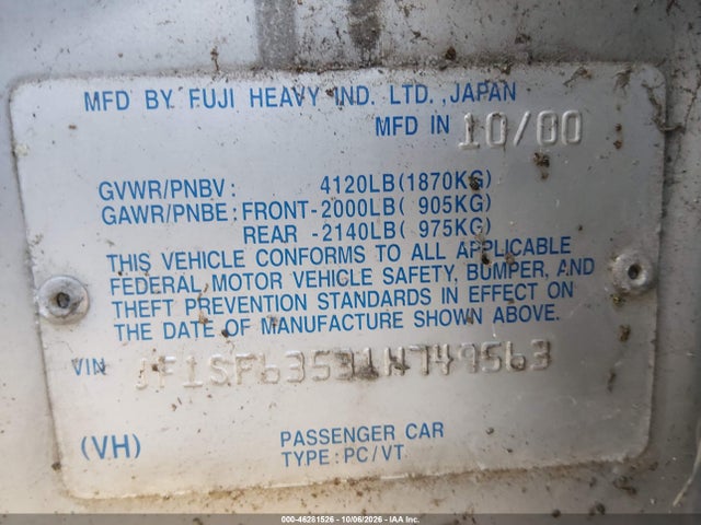 46281526 :رقم المزاد ، JF1SF63531H749563 vin ، 2001 Subaru Forester L مزاد بيع