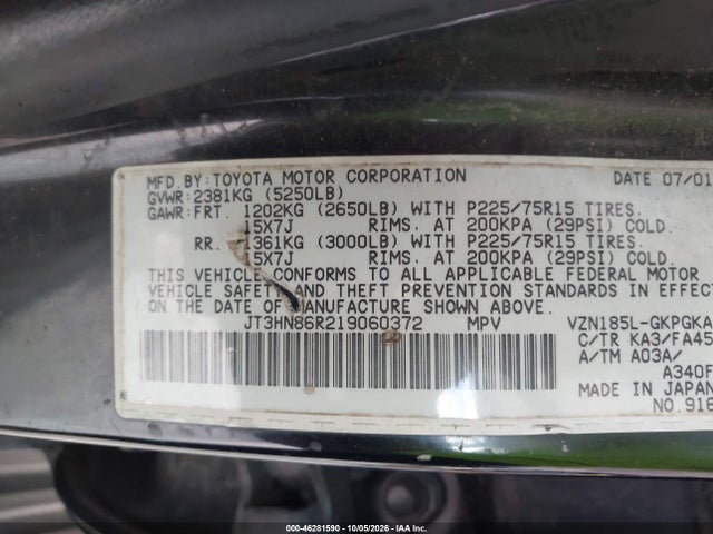 Aukcja sprzedaży 2001 Toyota 4runner Sr5 V6, vin: JT3HN86R219060372, numer aukcji: 46281590