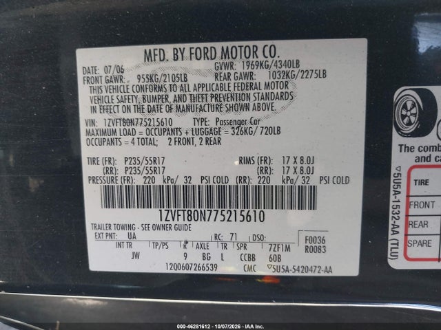 Aukcja sprzedaży 2007 Ford Mustang V6 Deluxe/v6 Premium, vin: 1ZVFT80N775215610, numer aukcji: 46281612