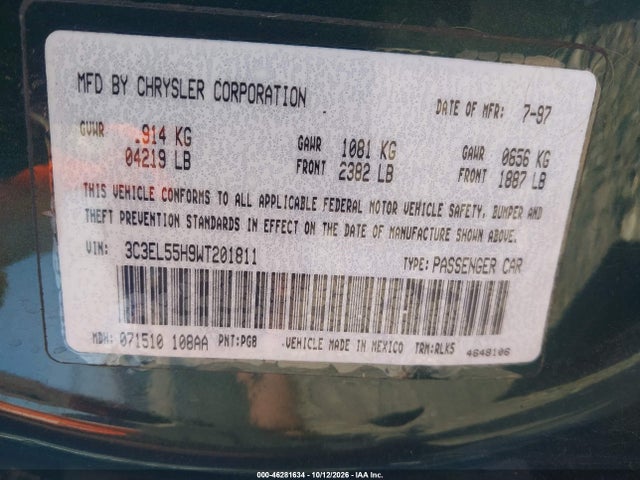Продаж на аукціоні авто 1998 Chrysler Sebring Jxi, vin: 3C3EL55H9WT201811, номер лоту: 46281634